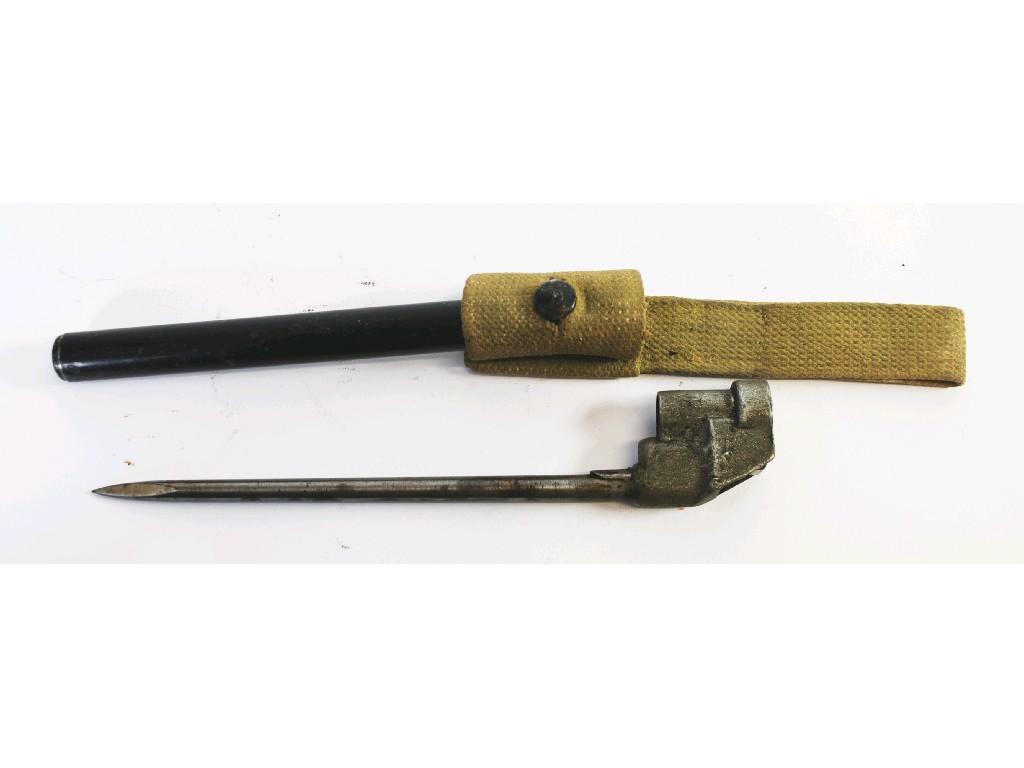 Appraisal: BRITISH No MK SPIKE BAYONET and scabbard together with woven