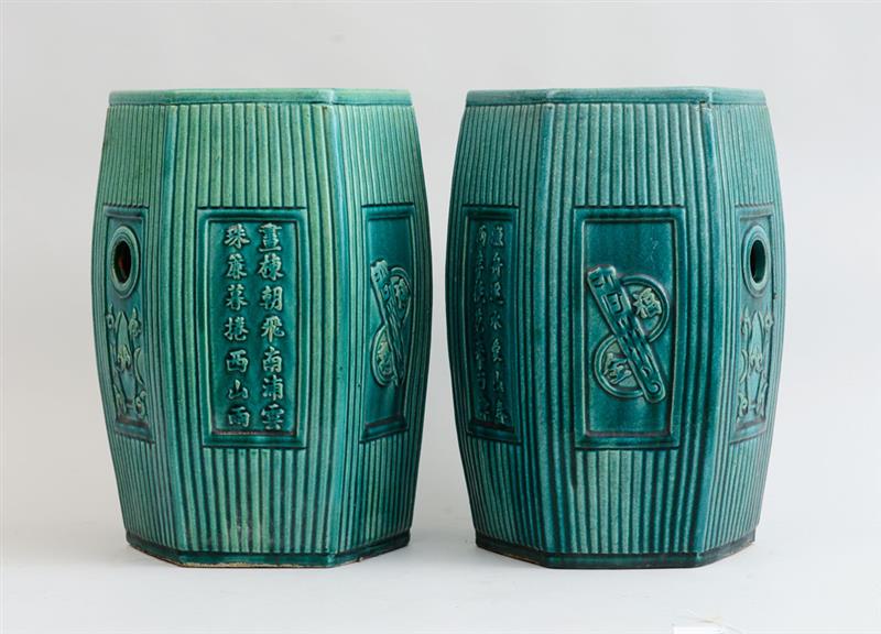 Appraisal: PAIR OF CHINESE GREEN-TO-TURQUOISE-GLAZED POTTERY GARDEN STOOLS Of hexagonal reeded