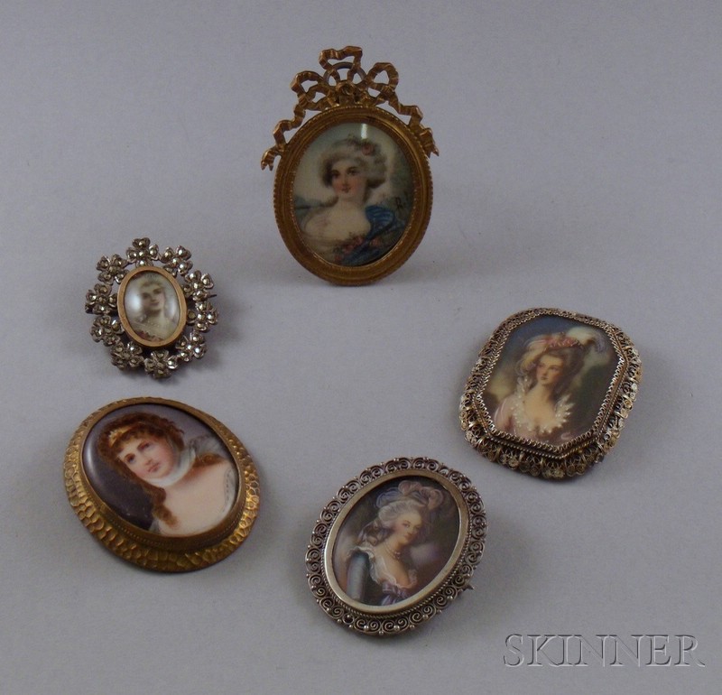 Appraisal: Four Hand-painted Portrait Miniature Brooches and a Framed Hand-painted Miniature