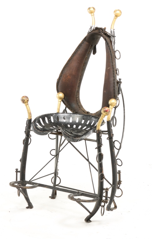 Appraisal: AMERICAN FOLKSY HORSE ACCOUTREMENTS CHAIR Twentieth century Horse collar back