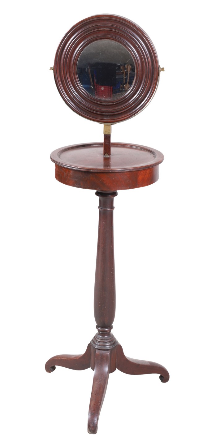 Appraisal: Mahogany shaving mirror on stand round mirror single drawer on