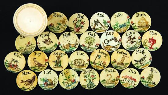 Appraisal: IVORY ALPHABET DISKS Oxford Instructor or Royal Alphabet N p