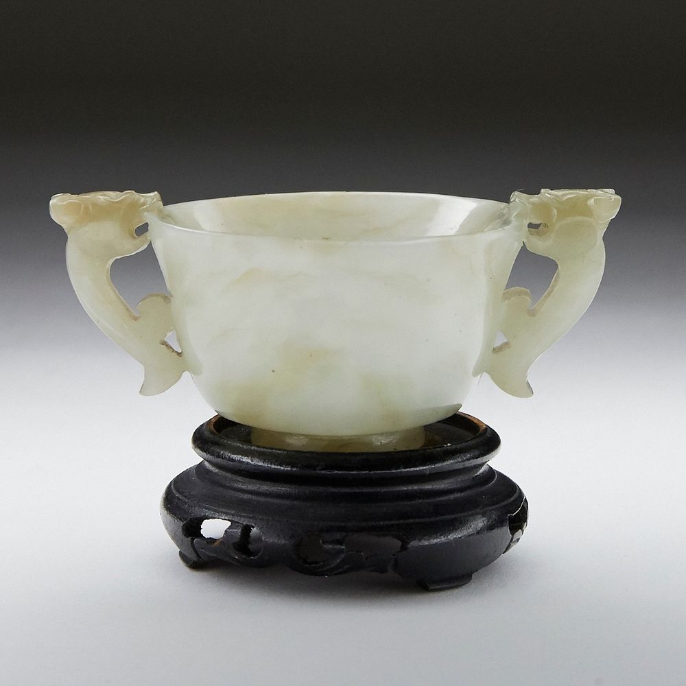 Appraisal: Chinese Jade Double Handled Wedding Cup w Stand Chinese carved