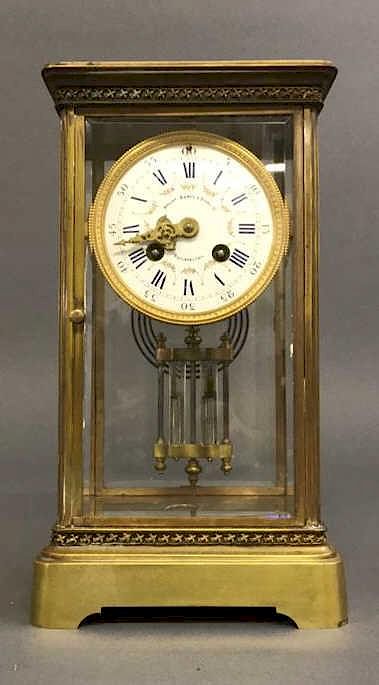 Appraisal: French Brass and Glass Mantel Clock French brass and glass