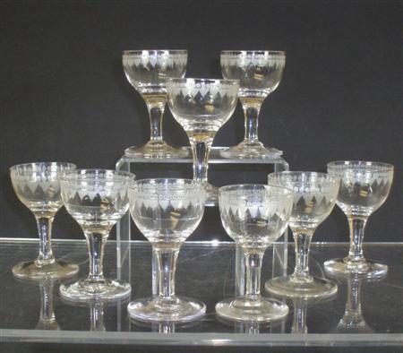 Appraisal: A set of nine sherry liquer glasses circa with engraved