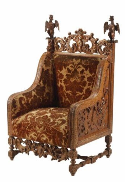 Appraisal: Austrian carved throne chair th c in a worn damask