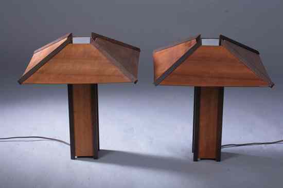 Appraisal: PAIR MISSION-STYLE WOOD TABLE LAMPS th century Tall block standard