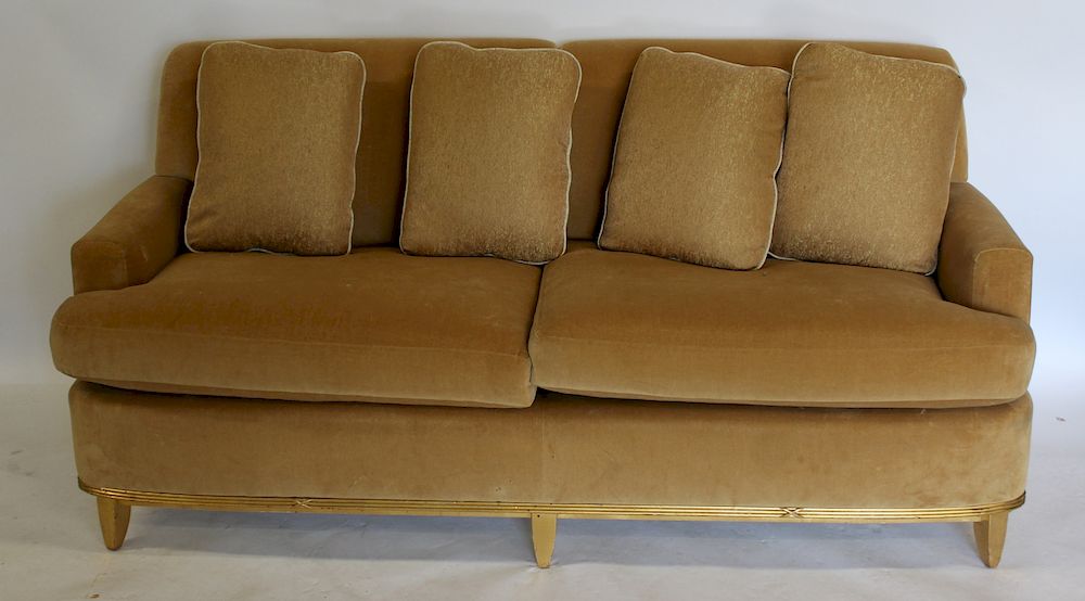 Appraisal: Art Deco Velvet Upholstered Sofa With Giltwood Frame Nice lines