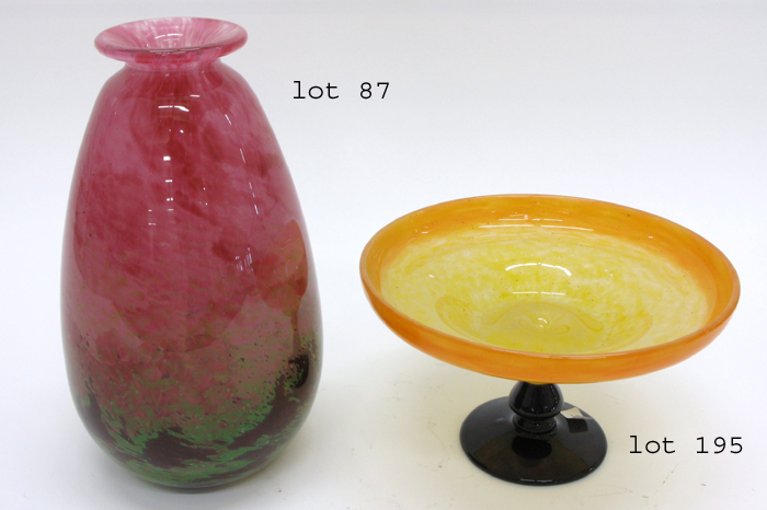 Appraisal: FRENCH SCHNEIDER ART GLASS COMPOTE mottled orange shading to yellow