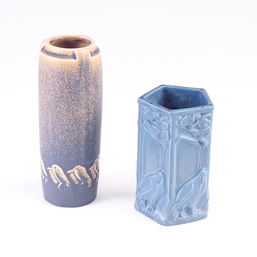 Appraisal: ROOKWOOD Two Production vases embossed with rooks a faceted vase