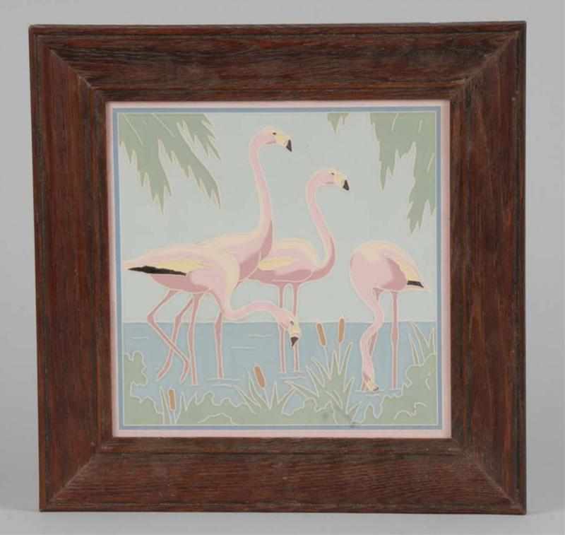 Appraisal: Flamingo Arts Crafts Tile in Original Oak Frame Description American