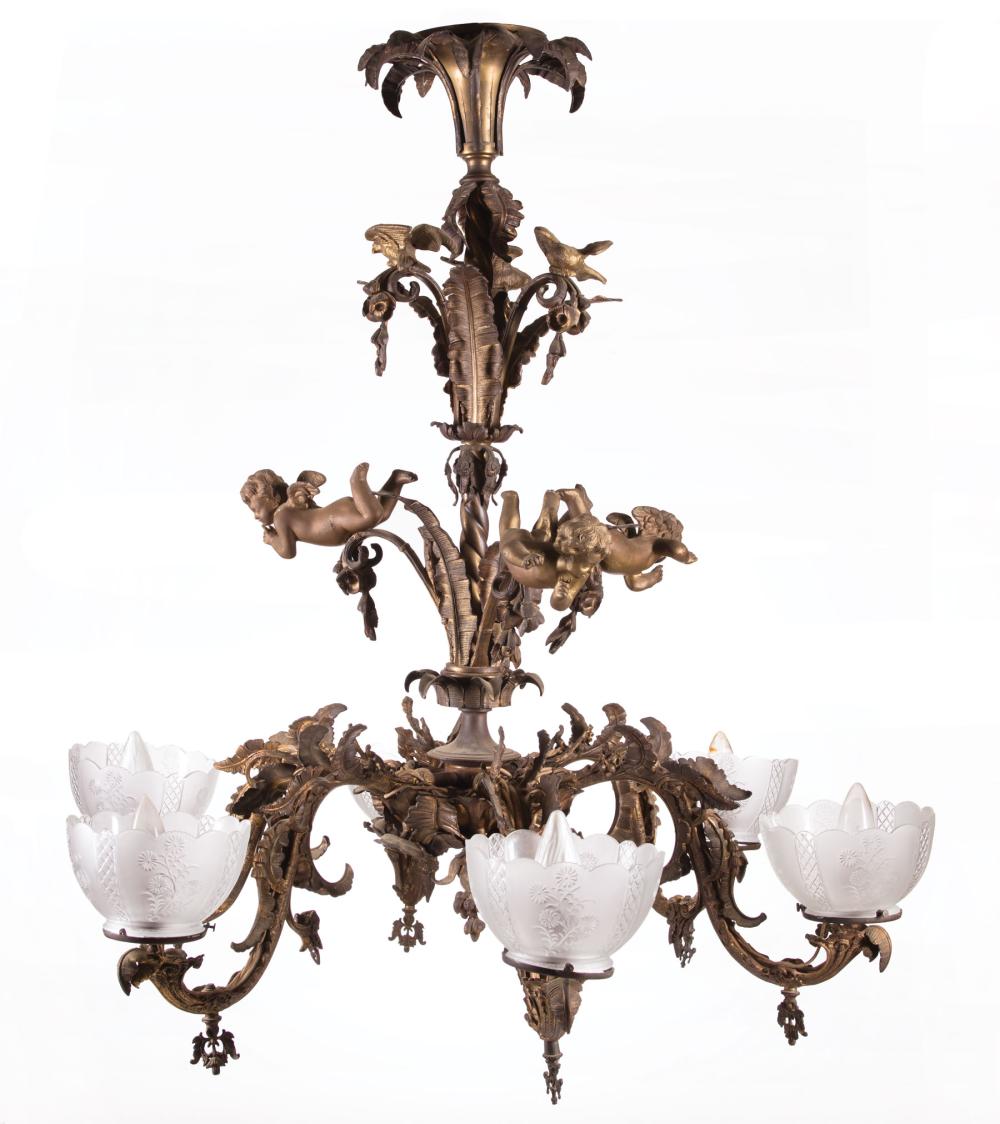 Appraisal: American Rococo Gilt Bronze Six-Light Figural Gasolier mid- th c