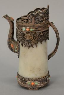 Appraisal: Tibetan turquoise and coral mounted pitcher having hardstone body with