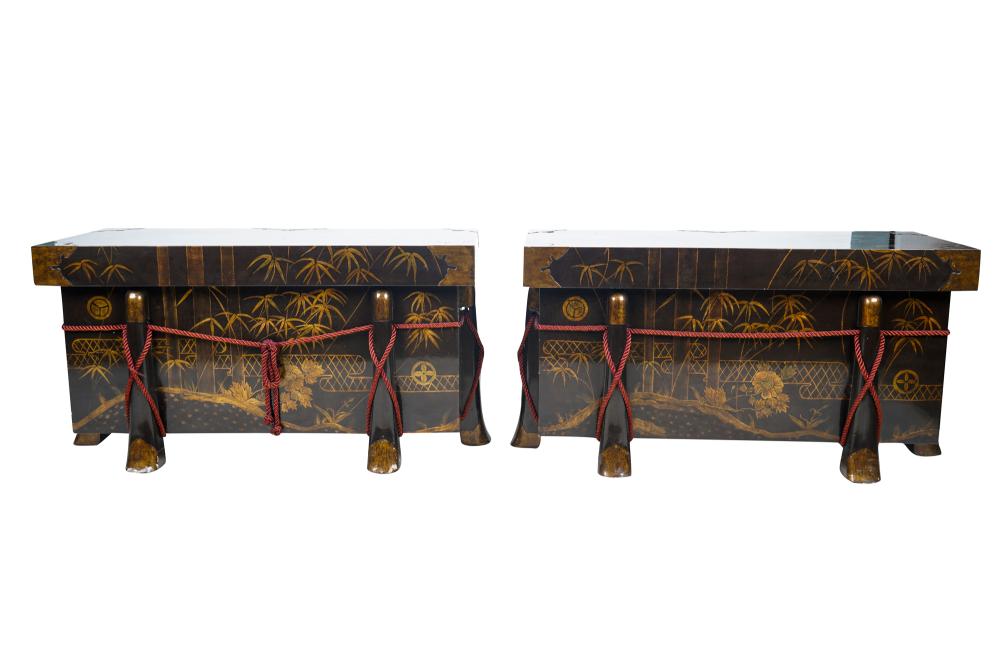 Appraisal: PAIR OF CHINESE LACQUERED WEDDING CHESTSeach chest with a protruding