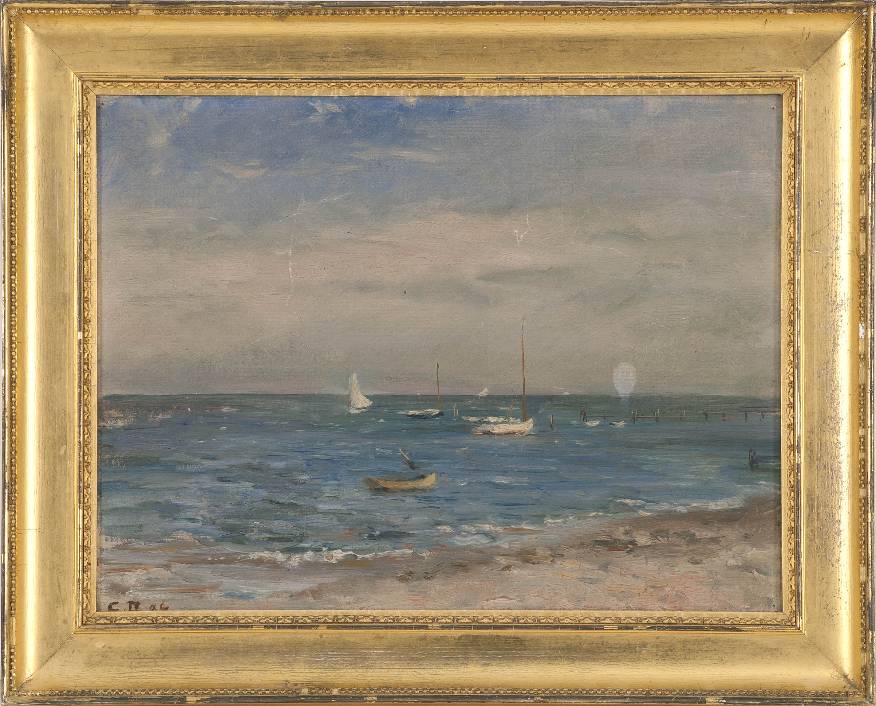 Appraisal: FRAMED PAINTING AMERICAN IMPRESSIONIST SCHOOL Late th Century Boats moored