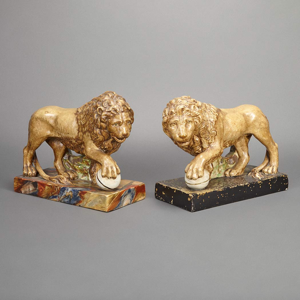 Appraisal: Associated Pair of Staffordshire Polychrome Decorated Pottery Figures of Lions