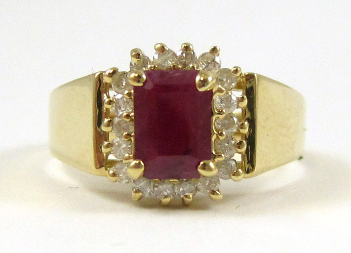 Appraisal: RUBY DIAMOND AND FOURTEEN KARAT GOLD RING set with round-cut