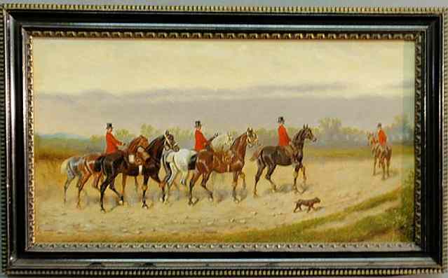 Appraisal: Continental oil on panel painting of foxhunters and dog th