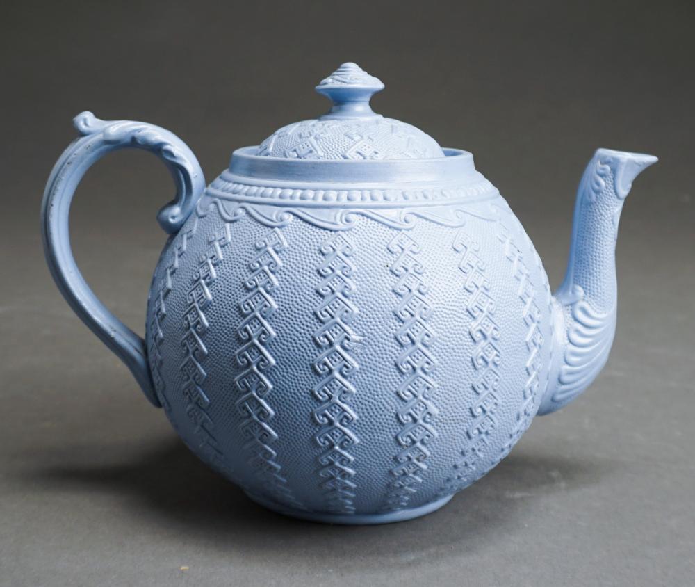 Appraisal: STAFFORDSHIRE PALE BLUE SALT-GLAZED STONEWARE TEAPOT AND COVER TH CENTURY