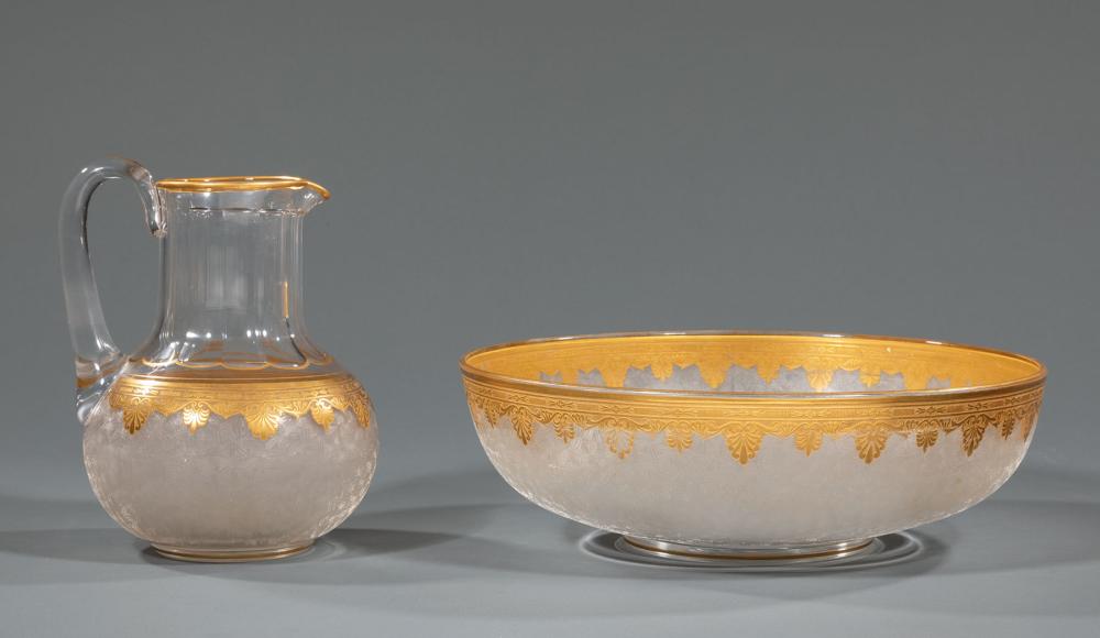 Appraisal: St Louis Acid Etched and Gilded Crystal Basin and Ewer