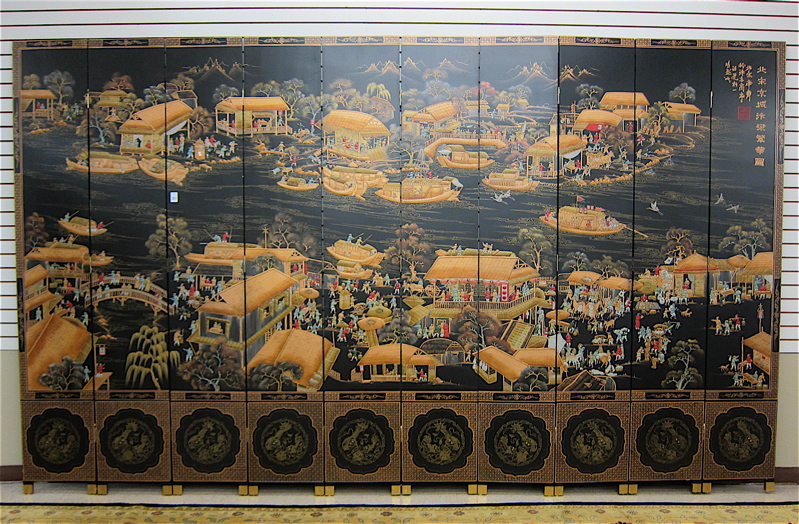 Appraisal: LARGE CHINESE TEN-PANEL FLOOR SCREEN one side hand decorated with