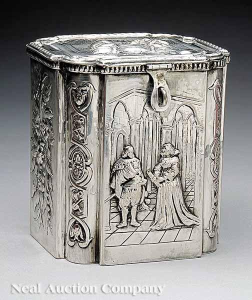 Appraisal: A Decorative Silverplate Tea Canister scenic chased rectangular body and