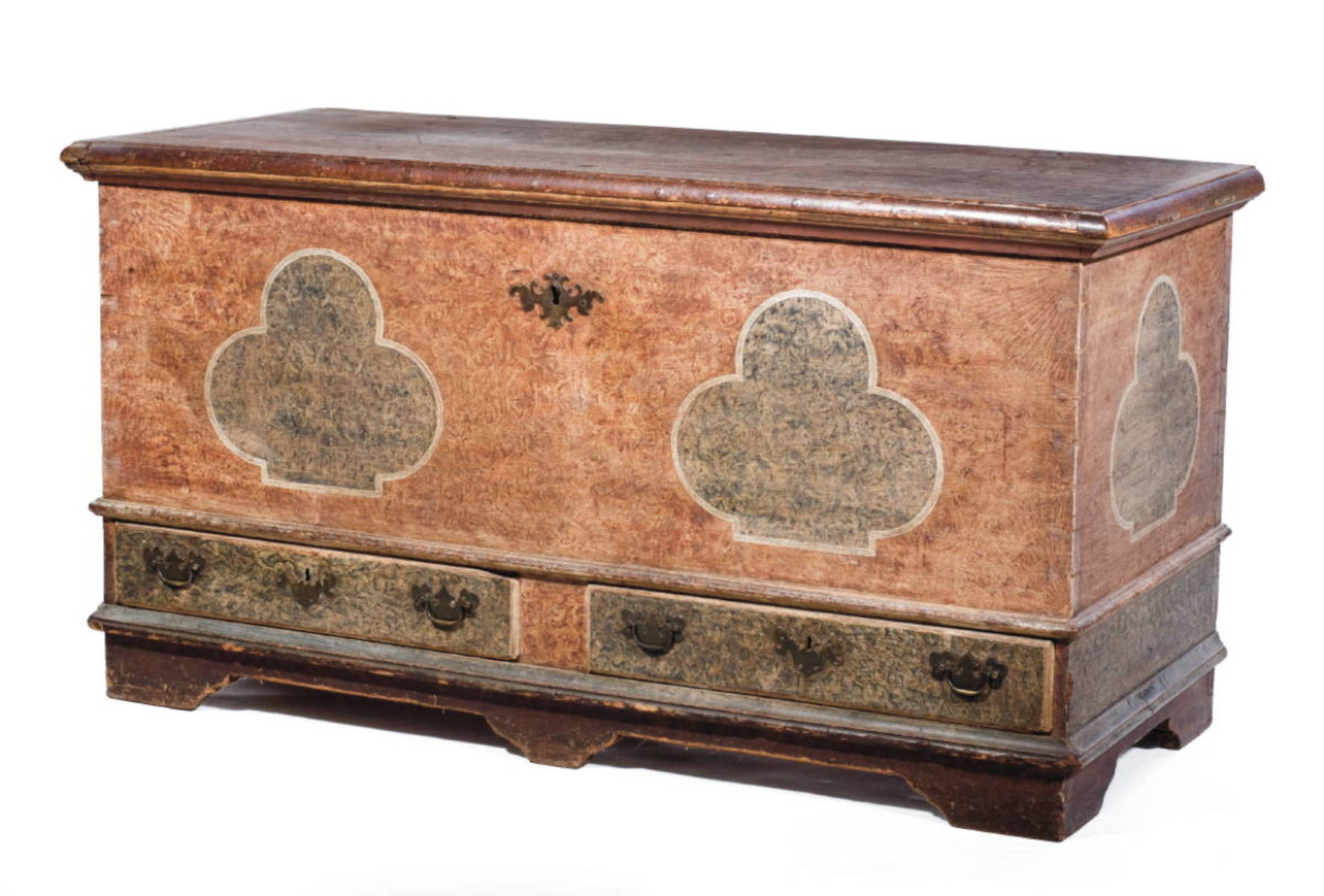 Appraisal: PENNSYLVANIA CHIPPENDALE SPONGE PAINTED BLANKET CHEST WITH TREFOIL DECORATION ATTRIBUTED