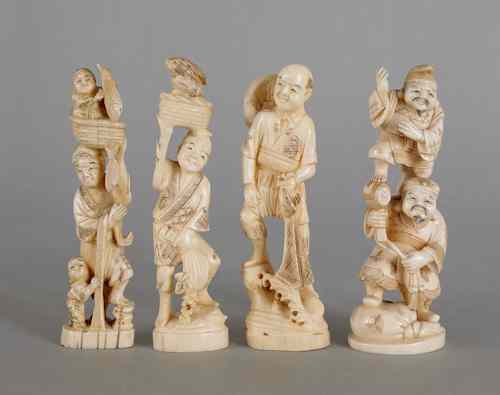 Appraisal: Four Japanese carved ivory figures ca tallest - h