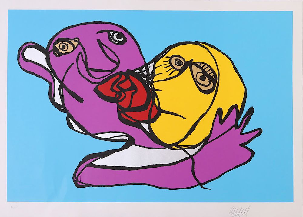 Appraisal: Karel Appel - Sky Blue Kiss Silvered Kiss and Putting