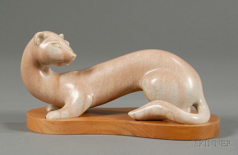 Appraisal: Rostrand Pottery Weasel Figurine on Wood Base Gunnar Nylund Sweden