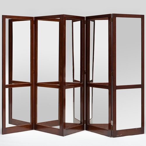 Appraisal: DIRECTOIRE STYLE MAHOGANY AND MIRRORED FIVE-PANEL DOUBLE-SIDED SCREEN ft x