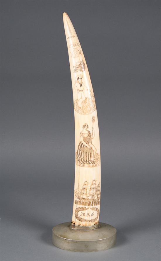 Appraisal: American scrimshaw walrus tusk th century with Lady Liberty and