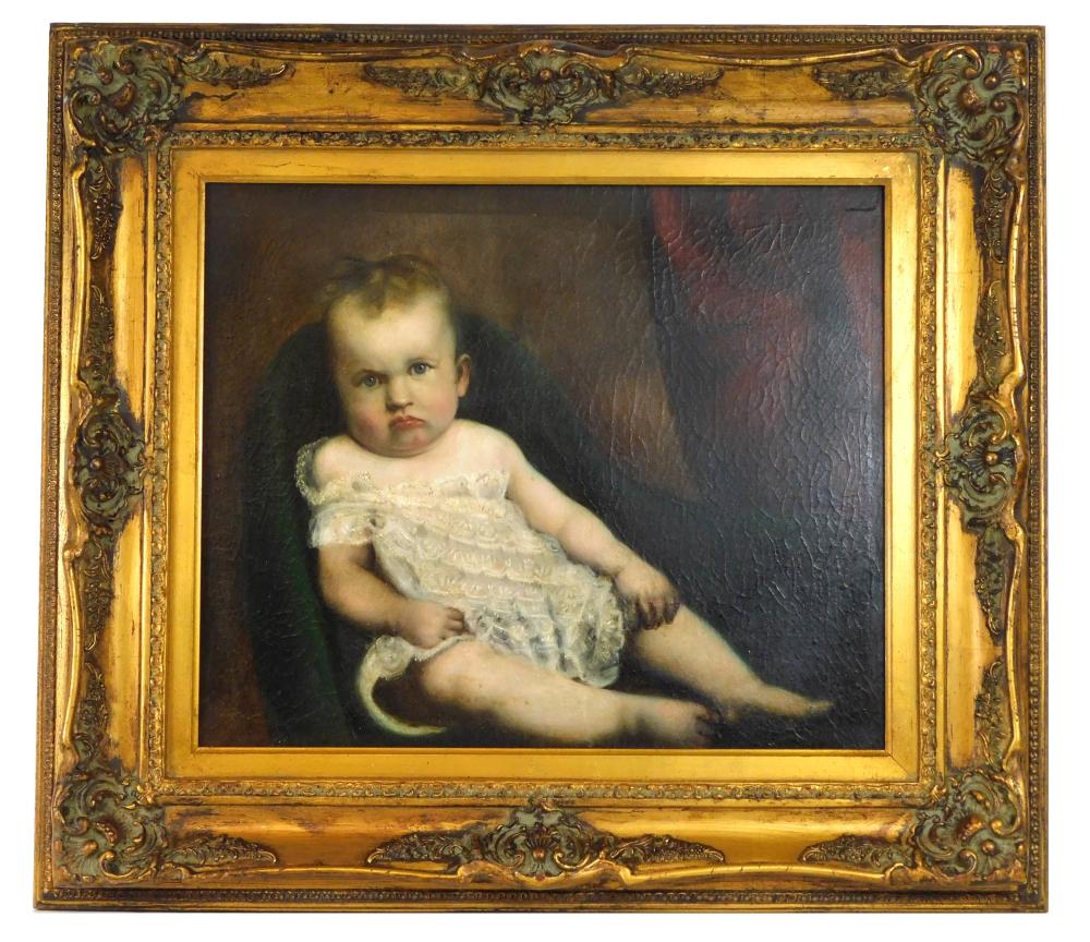 Appraisal: Unsigned portrait of infant oil on laid down canvas infant