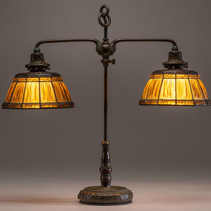 Appraisal: Tiffany Studios Linenfold Double Student Lamp glass bronze shades marked