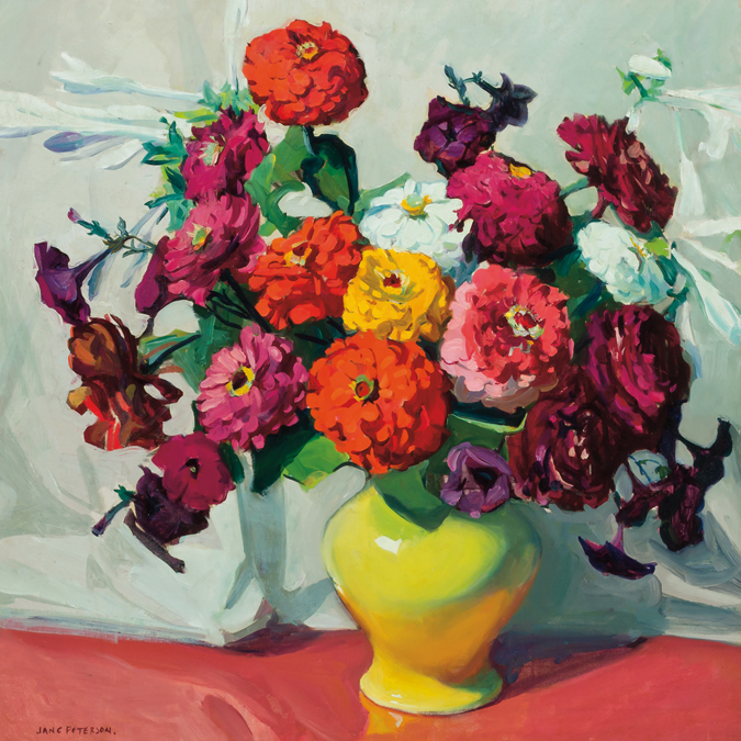 Appraisal: JANE PETERSON American - Zinnias in a Vase oil on