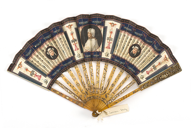 Appraisal: VELLUM AND SHELL FOLDING FAN Italian th CenturyThree classical vignettes