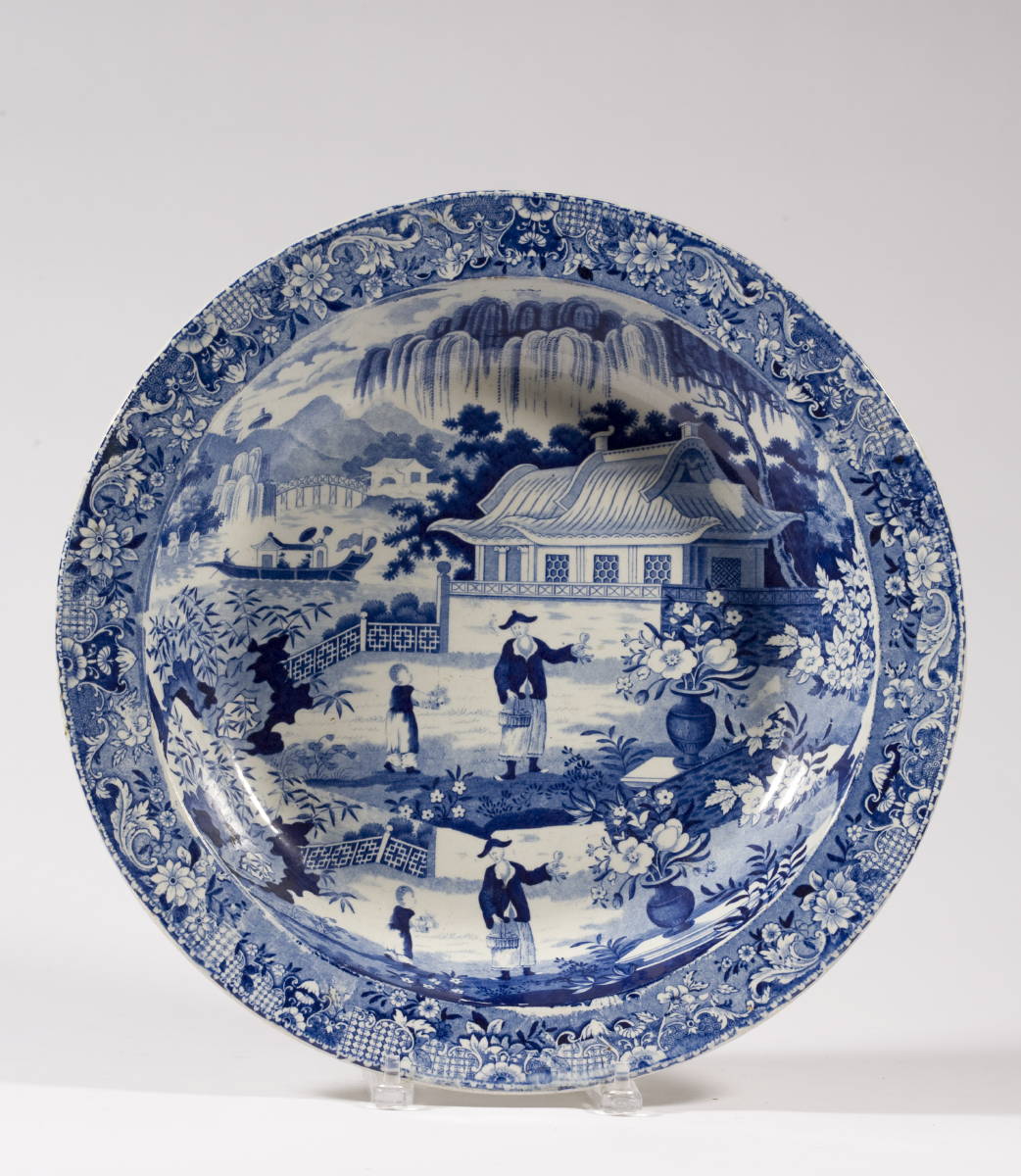 Appraisal: BLUE STAFFORDSHIRE TRANSFER-PRINTED DEEP PLATE WITH FIGURES IN AN ORIENTAL