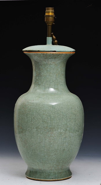 Appraisal: A CHINESE CELADON BALUSTER VASE converted to a table lamp