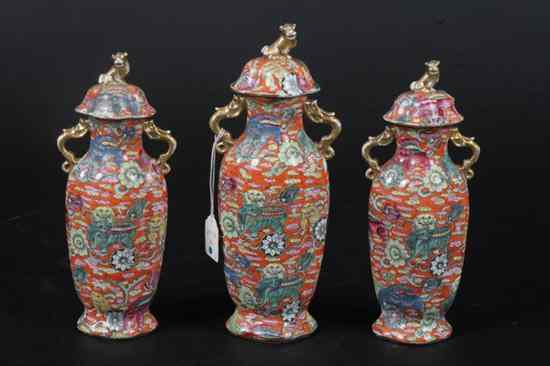 Appraisal: THREE-PIECE ENGLISH OR CONTINENTAL PORCELAIN GARNITURE SET Transferware Chinoiserie decoration