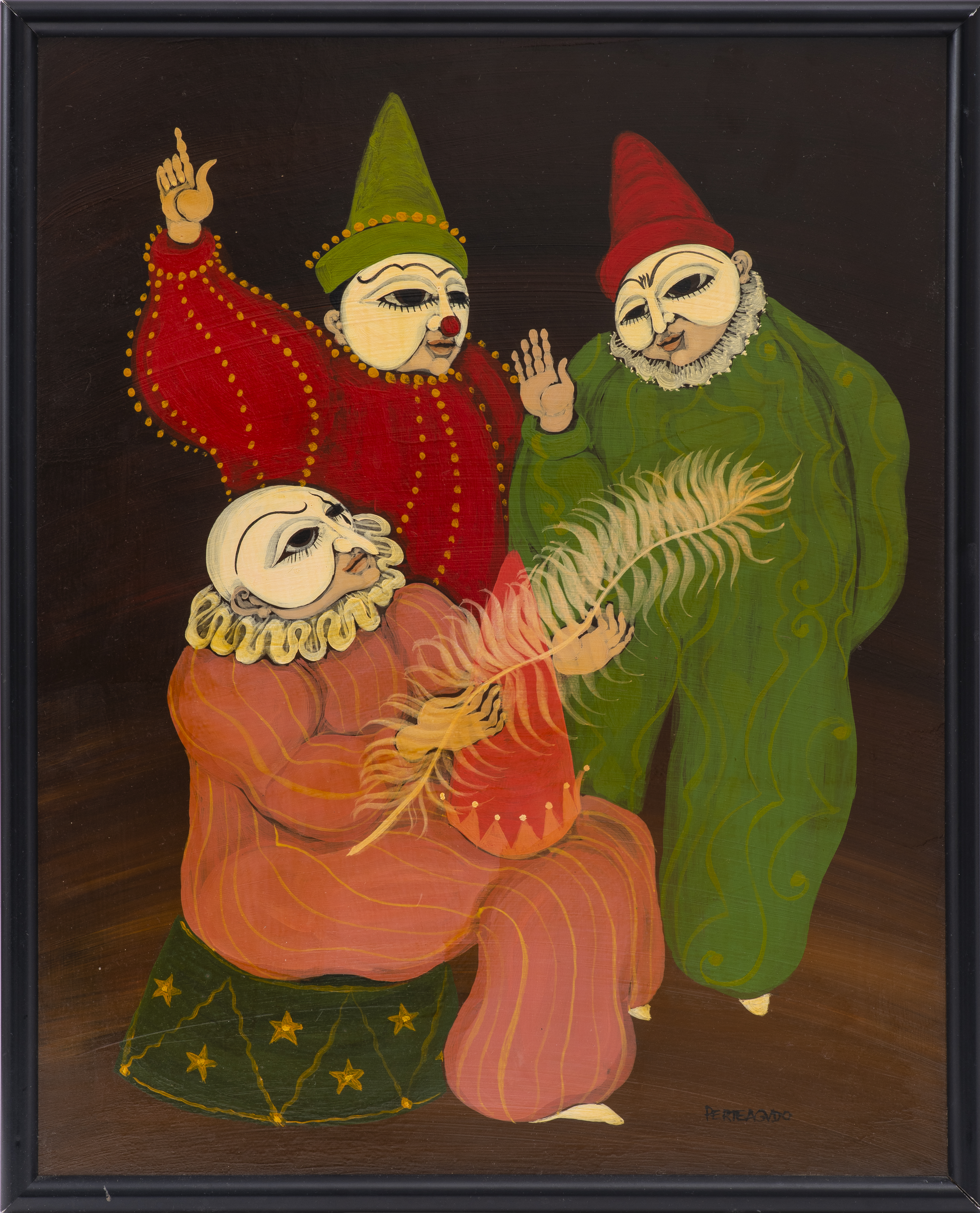 Appraisal: CARLOS PERTEAGUDO THREE CLOWNS FOLK ART OIL Carlos Perteagudo Argentinian