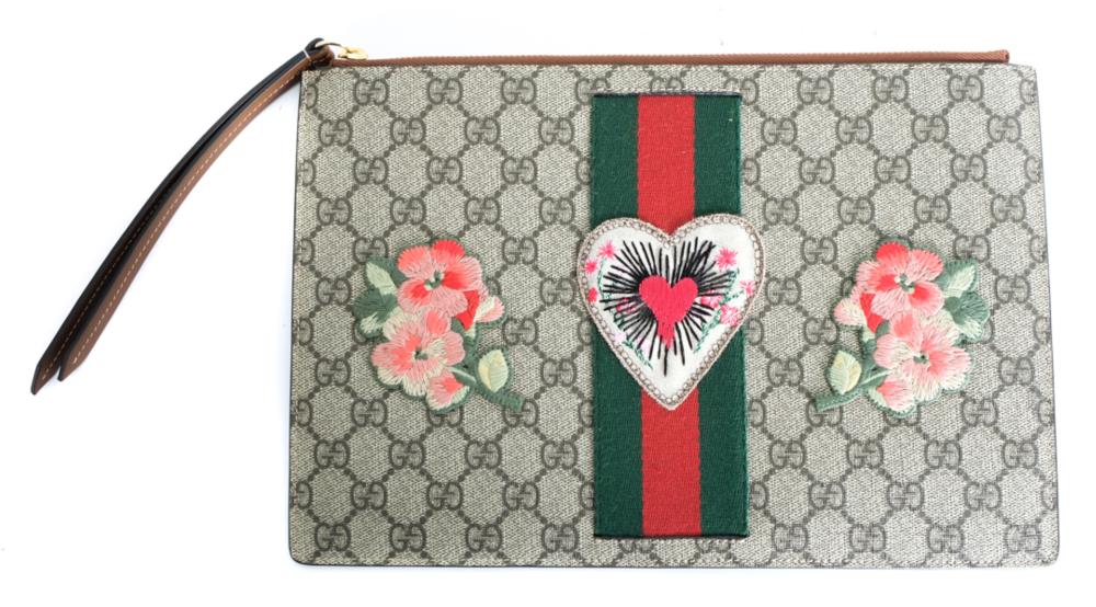 Appraisal: GUCCI GG SUPREME HEART EMBROIDERED POUCHGently used Gucci GG Supreme