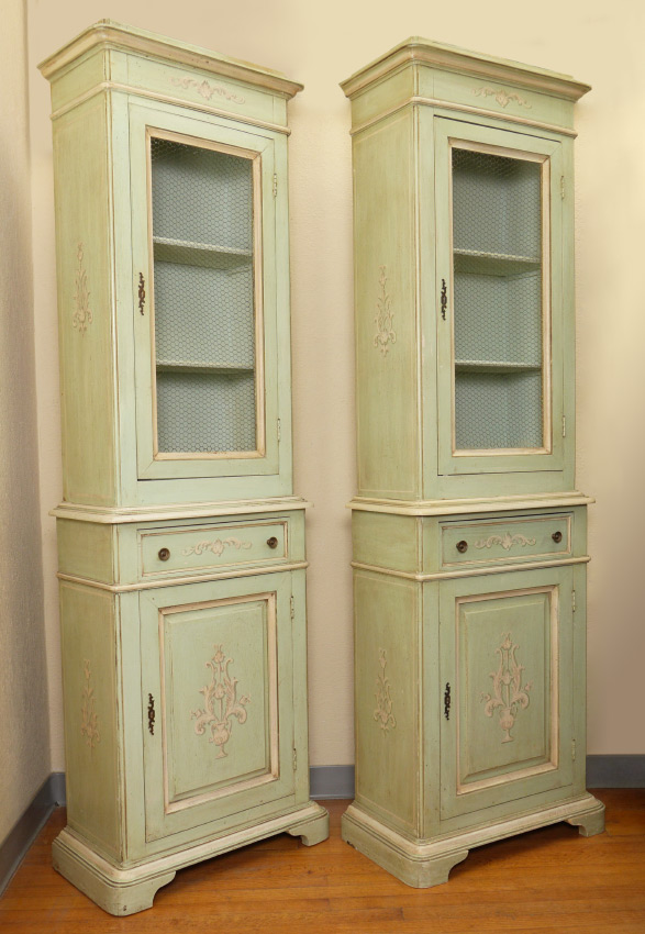 Appraisal: PAIR PAINT DECORATED FRENCH STYLE CABINETS Light blue green paint