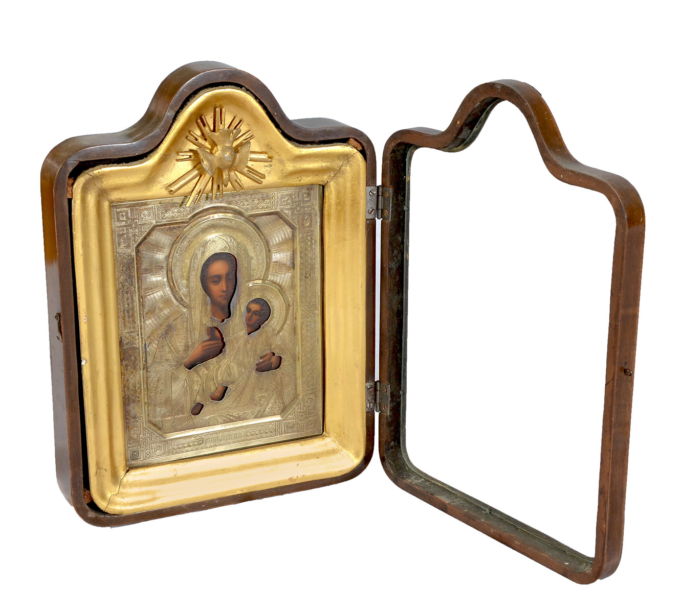 Appraisal: EARLY ICON MADONNA AND CHILD IN SHADOW BOX Gold wash