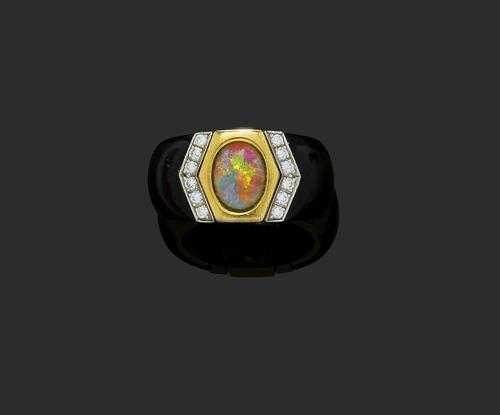 Appraisal: OPAL DIAMOND AND WOOD RING P CLARD Yellow and white