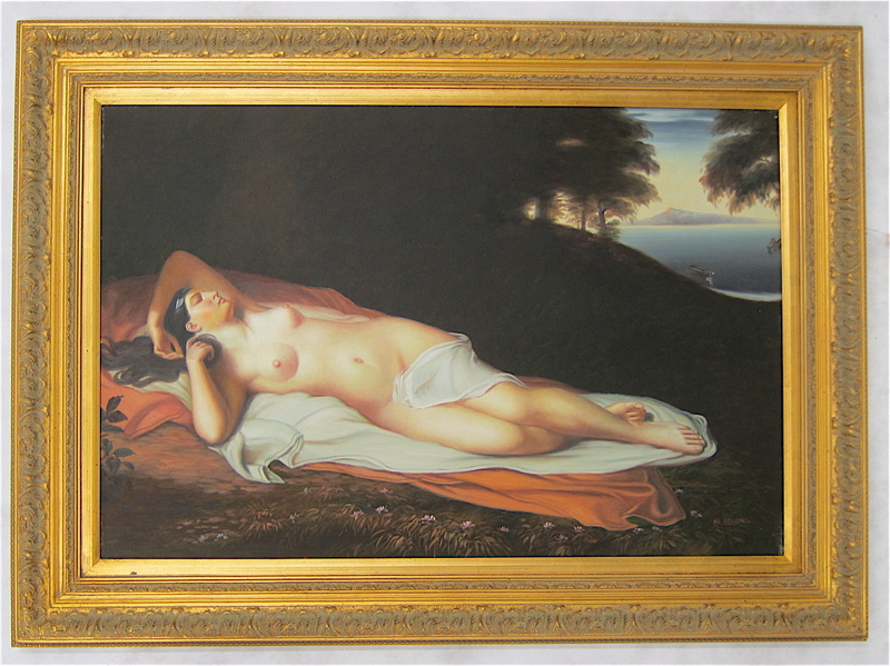 Appraisal: W COLLINS OIL ON CANVAS reclining nude outdoors with lake