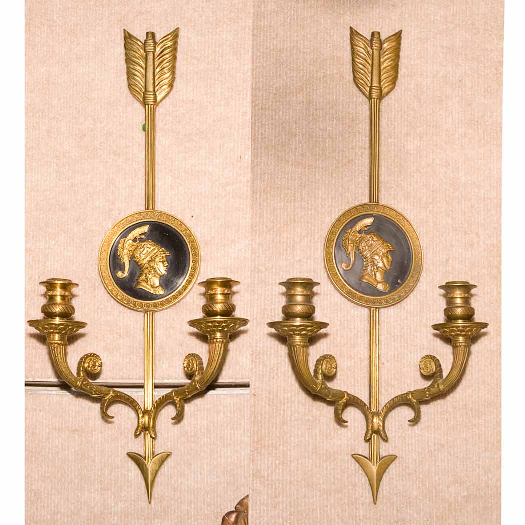 Appraisal: Pair of Neoclassical Style Gilt-Metal Two-Light Sconces Height inches