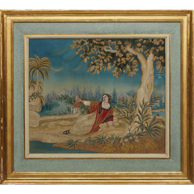 Appraisal: Continental Embroidery of Moses at the Bitter Waters of Marah