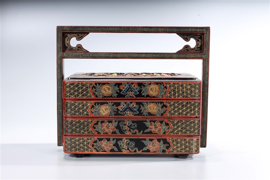 Appraisal: Chinese stacking lacquer boxes three in a handled carrying case