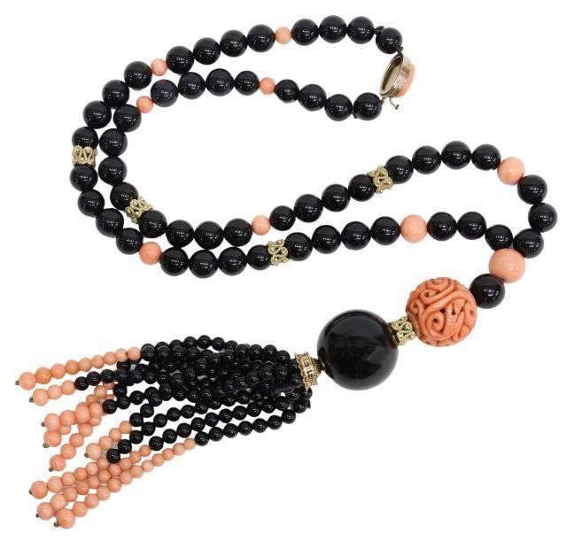 Appraisal: Estate Art Deco style coral and black onyx beaded necklace