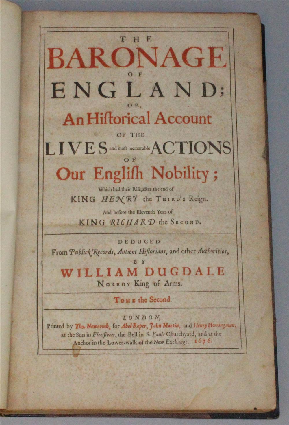 Appraisal: DUGDALE WILLIAM TWO TITLES THE BARONAGE OF ENGLAND AND THE